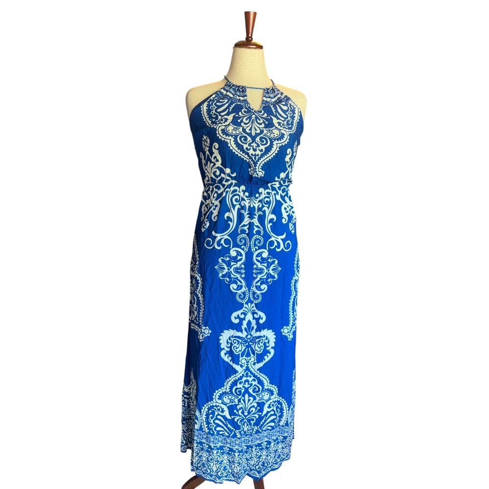 Forever 21 Blue White Halter Maxi Dress | Boho Print | Summer Vacation | M